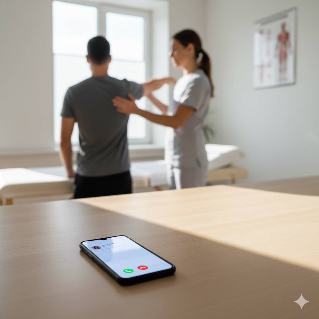 AI receptionist interface showing seamless integration with a calendar and patient data, with abstract sound wave patterns.